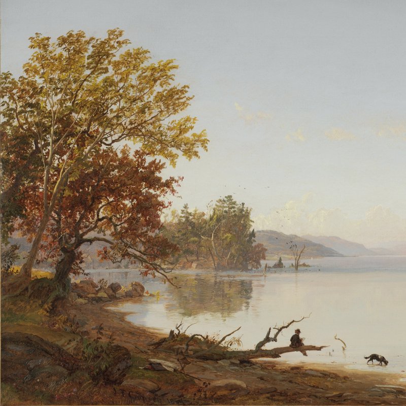 A wide landscape painting shows a large body of water reflecting a light blue sky with scattered clouds. Hills with autumn foliage line the distant shore, while a man sits on a fallen tree branch in the foreground, while his dog wades in the water. A small sailboat is visible in the mid-distance.