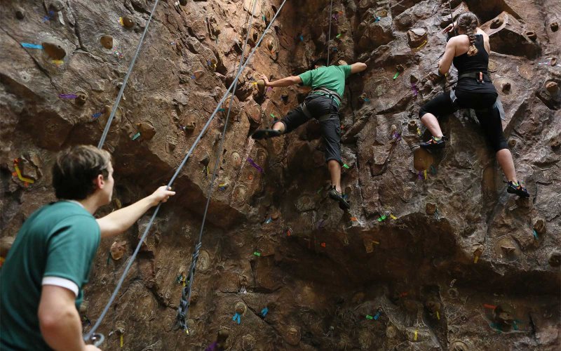 Three people rock climbing