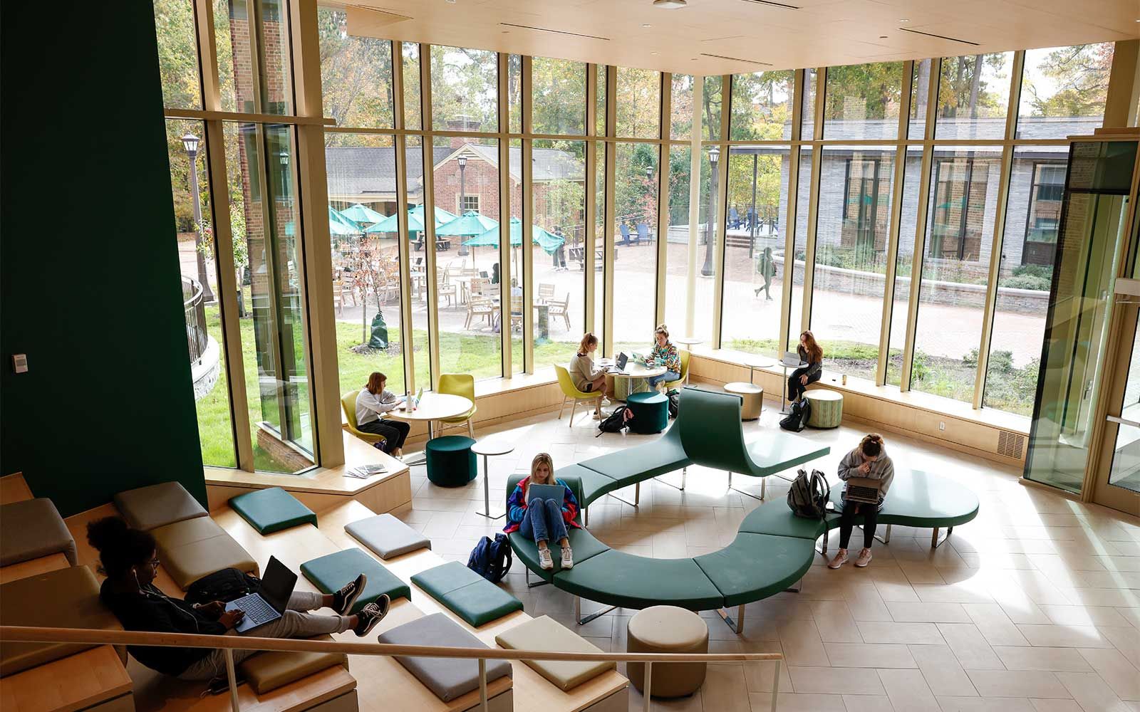 Students sitting inside Sadler Center