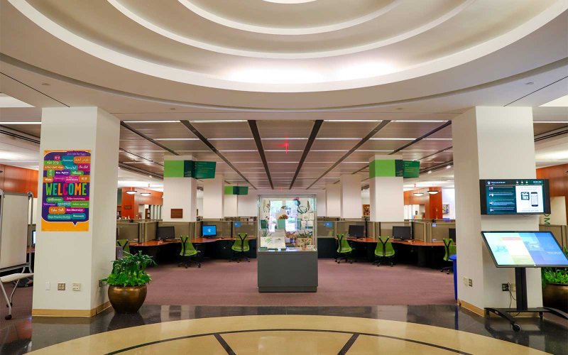 The interior of Swem Library.